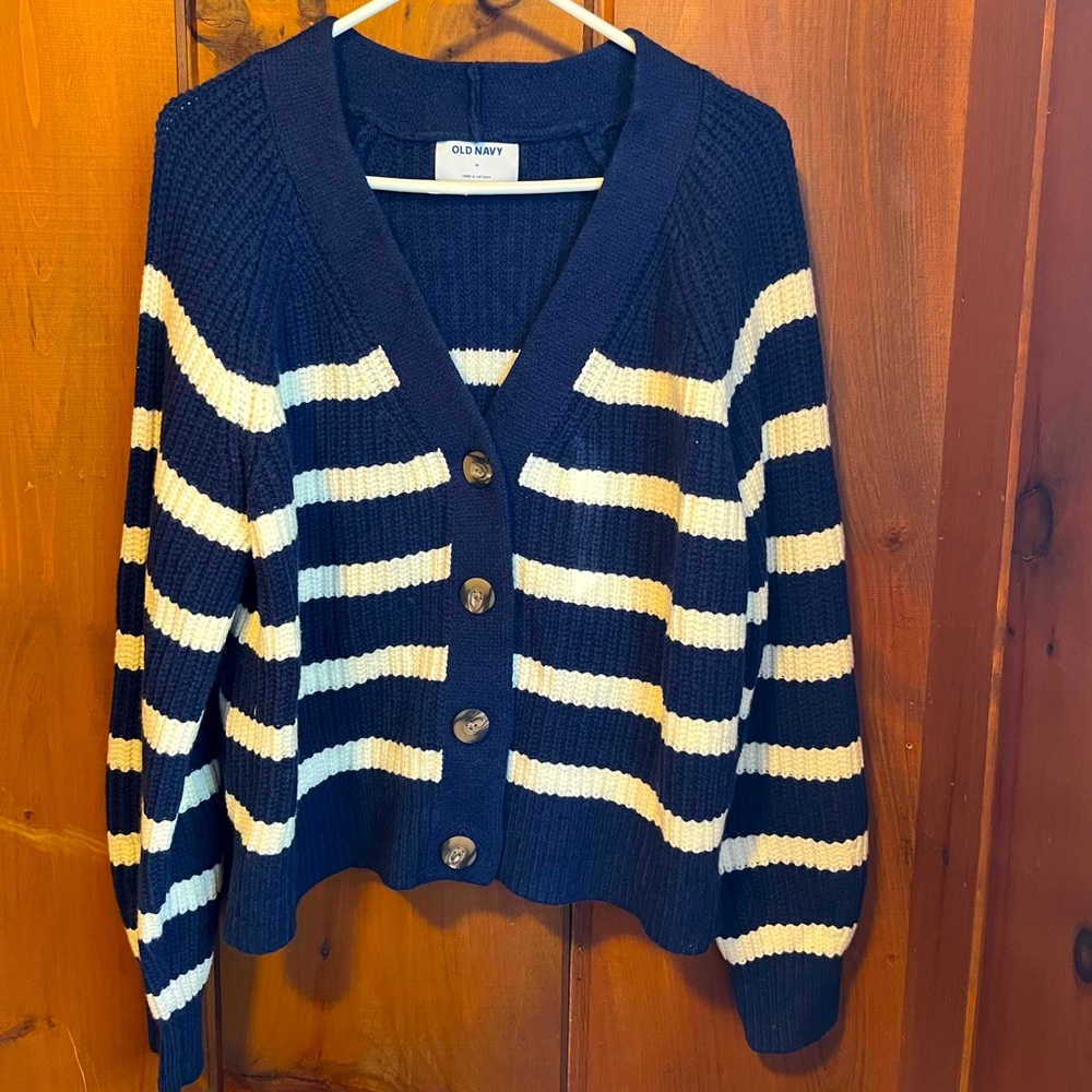 Blue and white stripe old navy cardigan sweater size medium